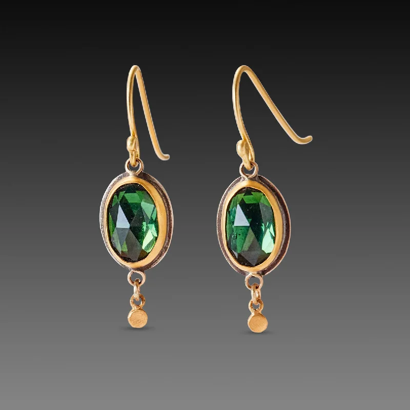 Ladies gold and pearl earrings-Oval Green Tourmaline Earrings