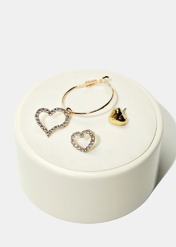 Ladies hoop earrings with diamonds-3-Pair Heart Stud & Hoop Earrings