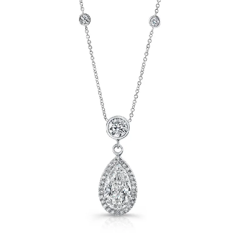 Ladies pendant heart necklace-Uneek Pear-Shaped Diamond Halo Pendant Necklace with Round Diamond Accents