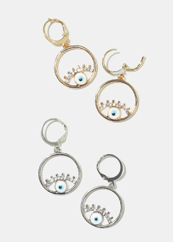 Ladies gem-studded earrings-Evil Eye Circle Earrings