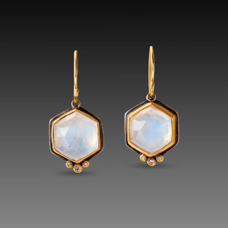 Ladies chic hoop earrings-Hexagon Moonstone Earrings with Diamond Trios