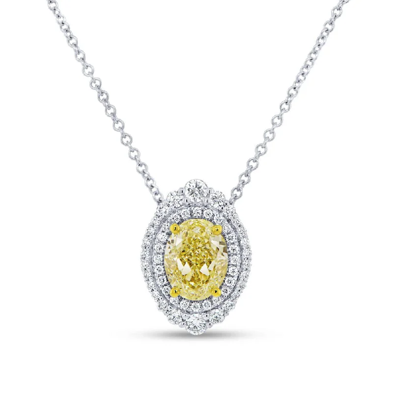 Ladies romantic necklace-Uneek Natureal Collection Double-Halo Oval Shaped Fancy Light Yellow Diamond Brooch Necklace