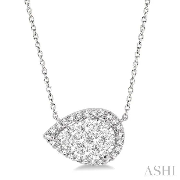 Ladies sleek necklace-1 ctw Pear Shape Round Cut Diamond Lovebright Necklace in 14K White Gold