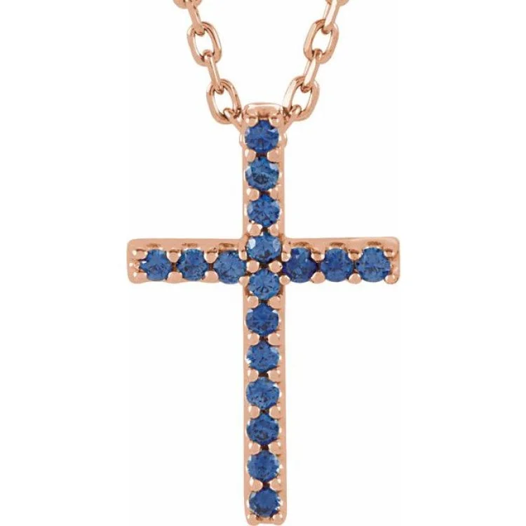 Ladies diamond necklace-14K Rose Natural Blue Sapphire Petite Cross 16" Necklace