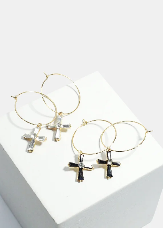 Ladies silver earrings-Cross Dangle Hoop Earrings