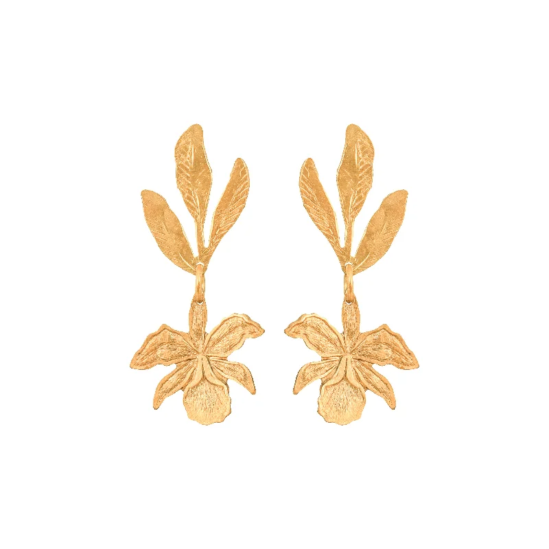 Ladies crystal drop earrings-Gold Orchid Earrings