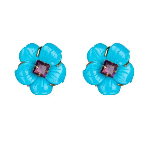 Ladies small hoop earrings-Turquoise flower