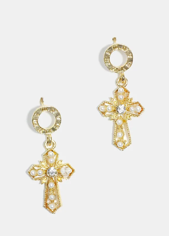 Ladies birthstone earrings-Pearl-Studded Cross Dangle Earrings