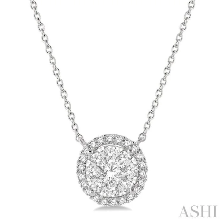 Ladies trendy gold necklace-3/4 ctw Circular Round Cut Diamond Lovebright Necklace in 14K White Gold