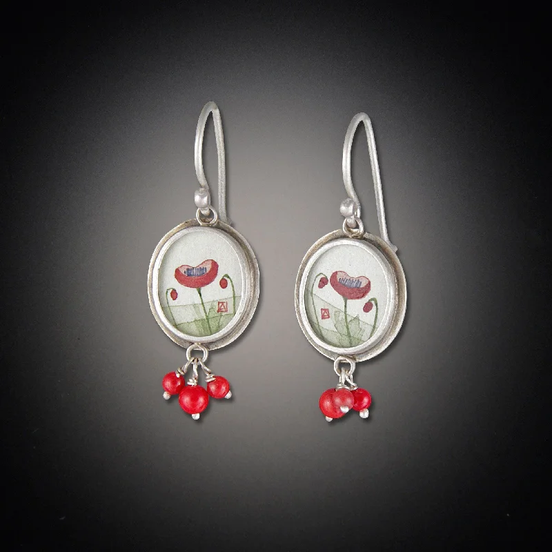 Ladies vintage earrings-Tiny Oval Poppy Earrings with Coral