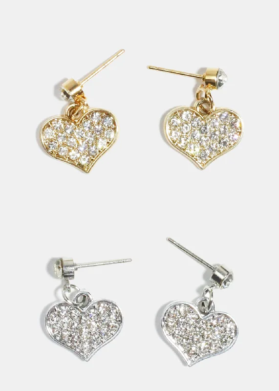 Ladies trendy earrings-Rhinestone Heart Dangle Earrings