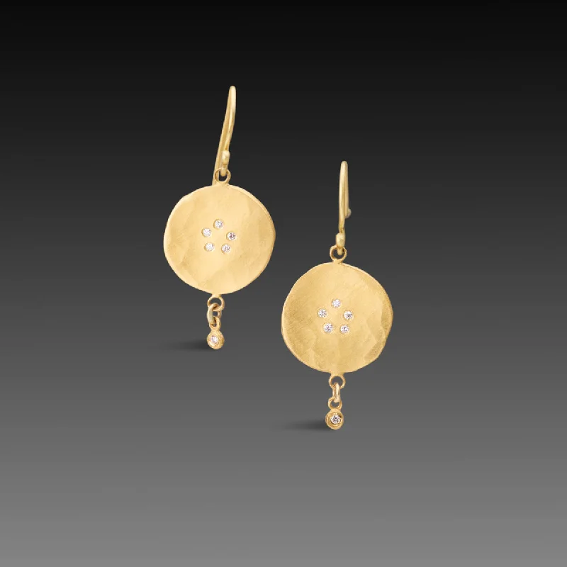 Ladies bridal earrings-Hammered Gold Disk Earrings with Diamonds