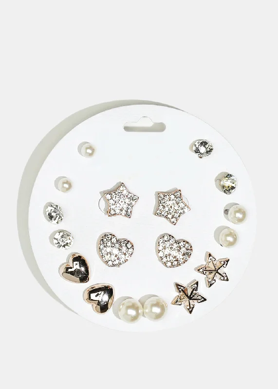 Ladies round stud earrings-9-Pair Multi-Design Stud Earrings