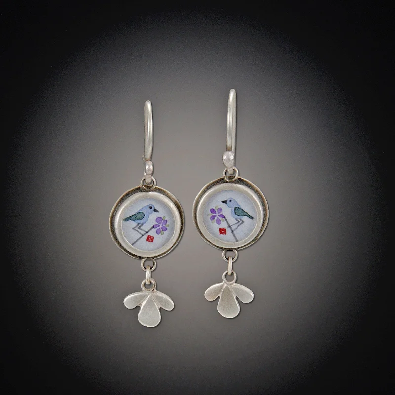 Ladies drop earrings-Tiny Round Bluebird Earrings with Leaf Trio