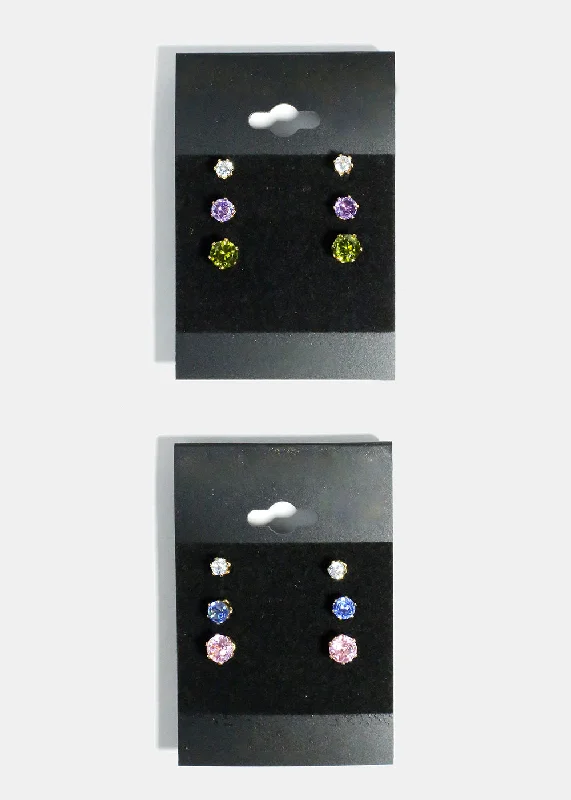 Ladies minimalist earrings-3-Pair Multi Size & Multi Color Rhinestone Stud Earrings