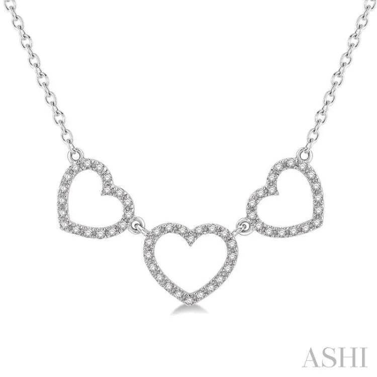 Ladies butterfly pendant necklace-1/6 Ctw Triple Heart Round Cut Diamond Necklace in 10K White Gold