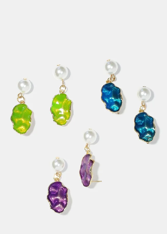 Ladies gemstone earrings-Pearl & Colorful Textured Dangle Earrings