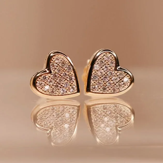 Ladies gold hoop earrings-3D Heart Pave Studs