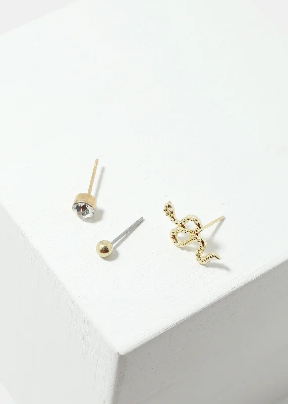 Ladies flower-shaped earrings-3-Pair Snake Stud Earrings