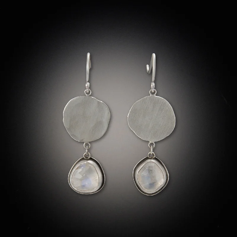 Ladies gold hoop earrings-Moonstone Earrings with large hammered disks