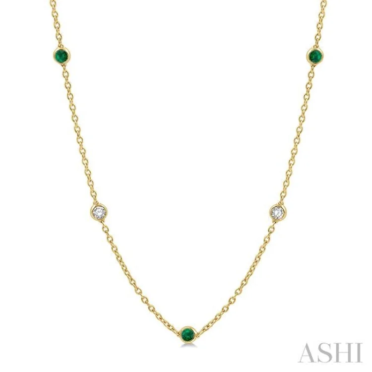 Ladies gemstone necklace-1/2 ctw Round Cut Diamond and 2.85MM Emerald Precious Station Necklace in 14K Yellow Gold