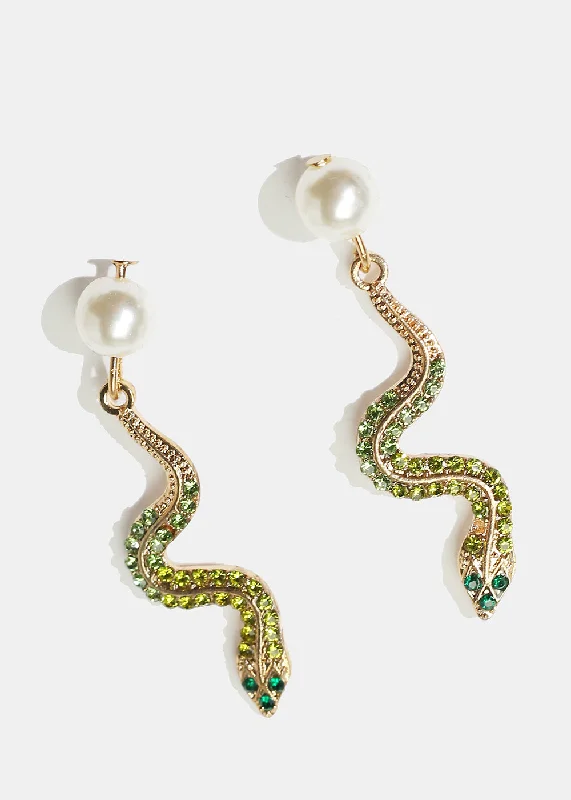 Ladies hoop earrings-Rhinestone & Pearl Snake Earrings