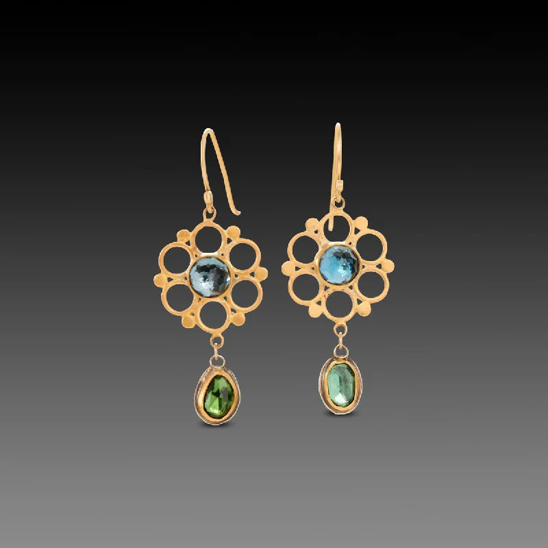 Ladies sterling silver hoop earrings-Mandala Earrings with Topaz & Tourmaline