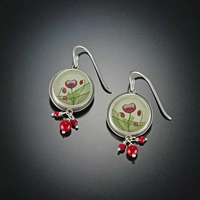 Ladies red gemstone earrings-Round Poppy Earrings with Coral