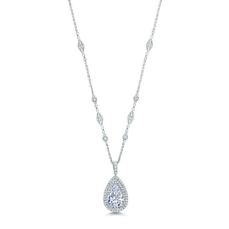 Ladies cross pendant necklace-Uneek Double Halo Pear-Shaped Diamond Pendant with Filigree and Bezel Accent Chain