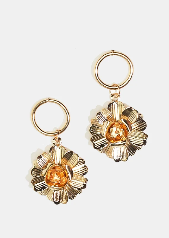 Ladies large statement earrings-Metal Flower Dangle Earrings