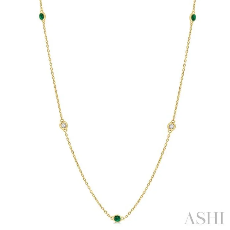 Ladies chain necklace-1/4 ctw Round Cut Diamond and 2.25MM Emerald Precious Station Necklace in 14K Yellow Gold