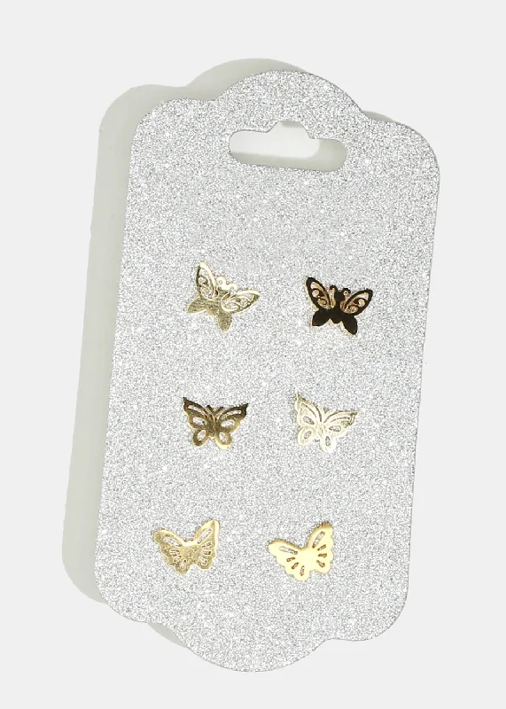 Ladies cuff earrings-3-Pair Butterfly Stud Earrings