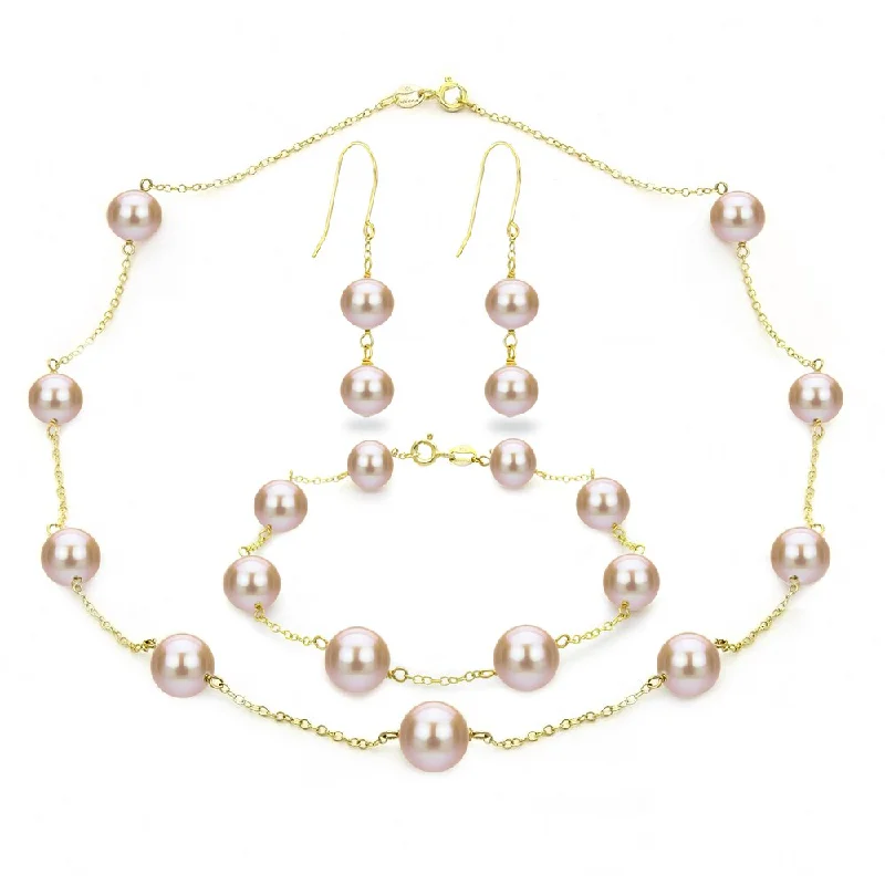 Ladies trendy bracelet-DaVonna 18k Gold over Silver Pink Freshwater Pearl Necklace Bracelet and Hoop Dangle Earring Set