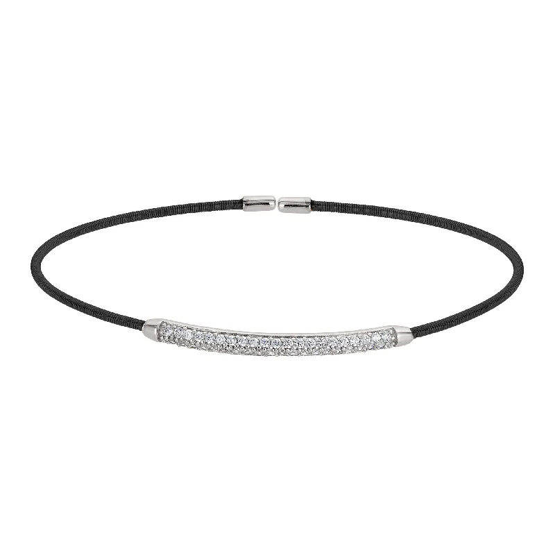 Ladies diamond tennis bracelet-Flexible Cable Bracelet with Simulated Diamond Sterling Silver Bar