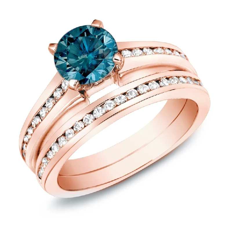 Ladies gemstone engagement rings with diamonds-Auriya 14k Rose Gold 1ctw Unique Blue Diamond Engagement Ring Set