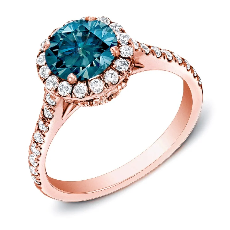 Ladies custom-cut engagement rings-Auriya 14k Rose Gold 1 3/4ctw Halo Blue Diamond Engagement Ring