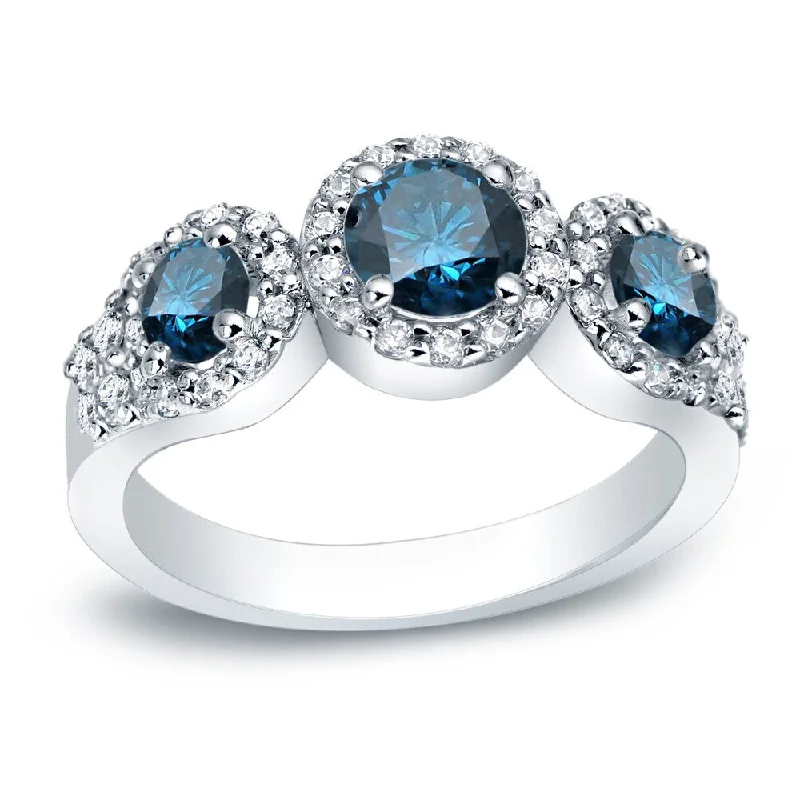 Ladies engagement rings with diamond pave-Auriya Platinum 1 1/5ctw 3-stone Halo Blue Diamond Engagement Ring