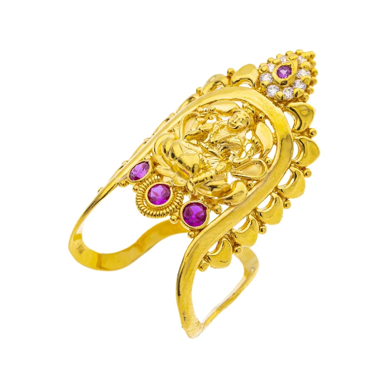 Ladies birthstone ring-22K Yellow Gold Temple Vanki Ring w/ Ruby & CZ (5.3gm)