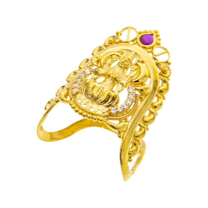 Ladies chunky ring-22K Yellow Gold Temple Vanki Ring w/ Ruby & CZ (4.9gm)