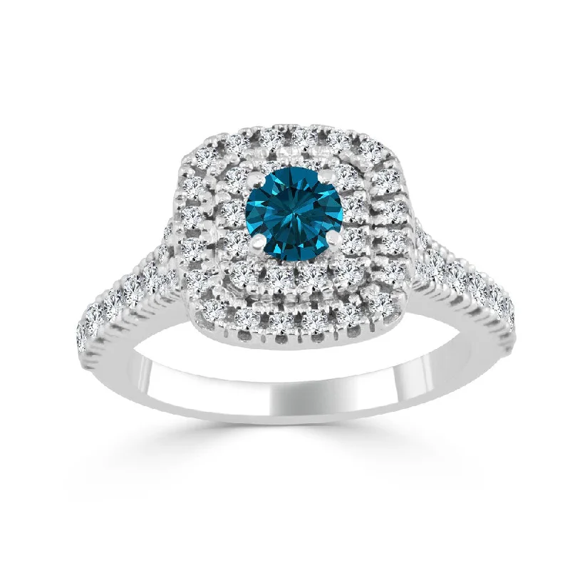 Ladies antique-style engagement rings-14k Gold 1ct TDW Round Blue Diamond Halo Engagement Ring by Auriya