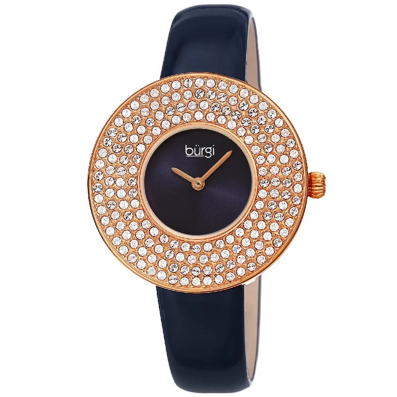 Ladies bangle with crystals-Burgi Women's Quartz Swarovski Crystal Disc Genuine Leather Strap Bracelet