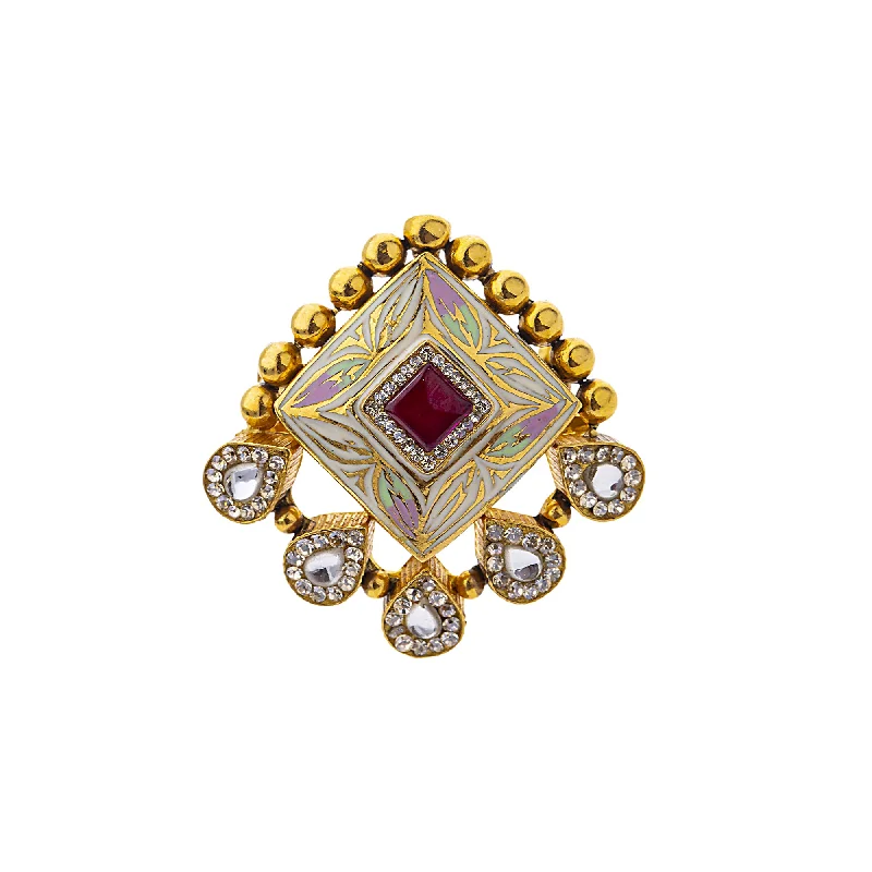 Ladies vintage diamond ring-22K Yellow Gold, Kundan, Ruby & CZ Cocktail Ring (7.3gm)