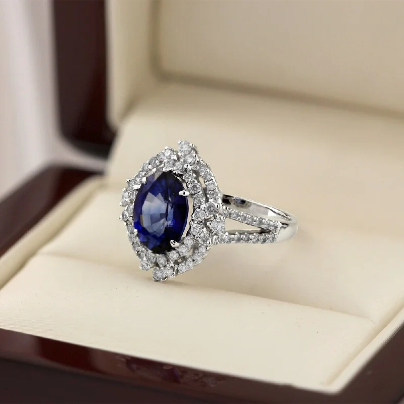 Ladies engagement rings with matching bands-Auriya 3 1/2ct Oval-cut Blue Sapphire and 3/4ctw Double Halo Diamond Engagement Ring 18K Gold