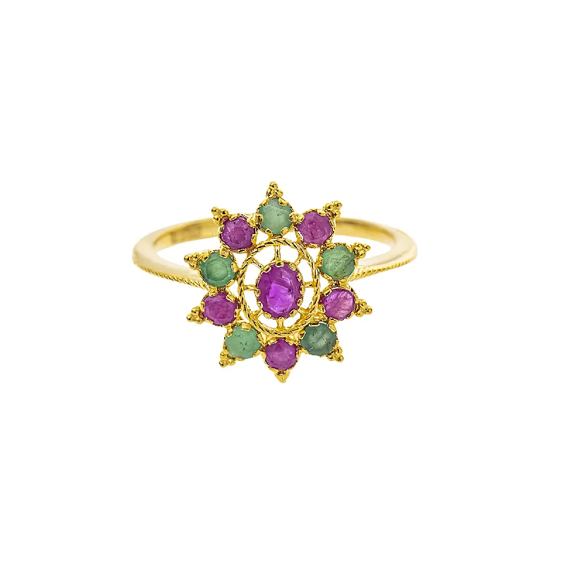 Ladies sparkling diamond ring-22K Yellow Gold, Emerald & Ruby Cocktail (2.7gm)