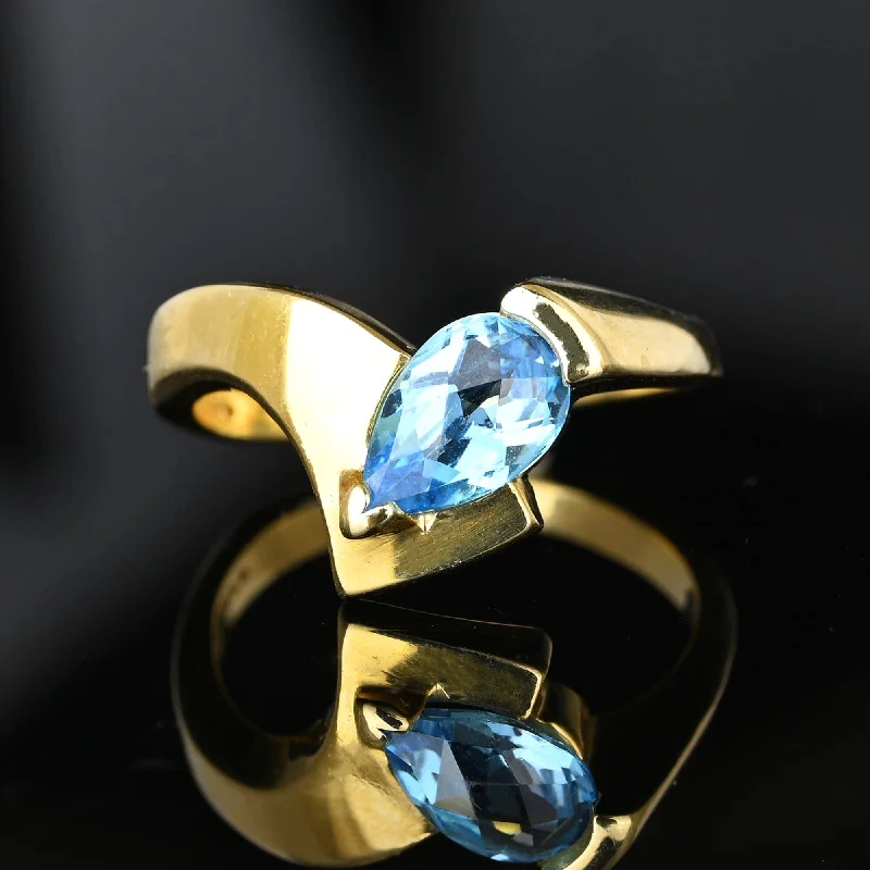 Ladies geometric ring-Vintage Chevron Bypass Pear Cut Blue Topaz Ring in 14K Gold