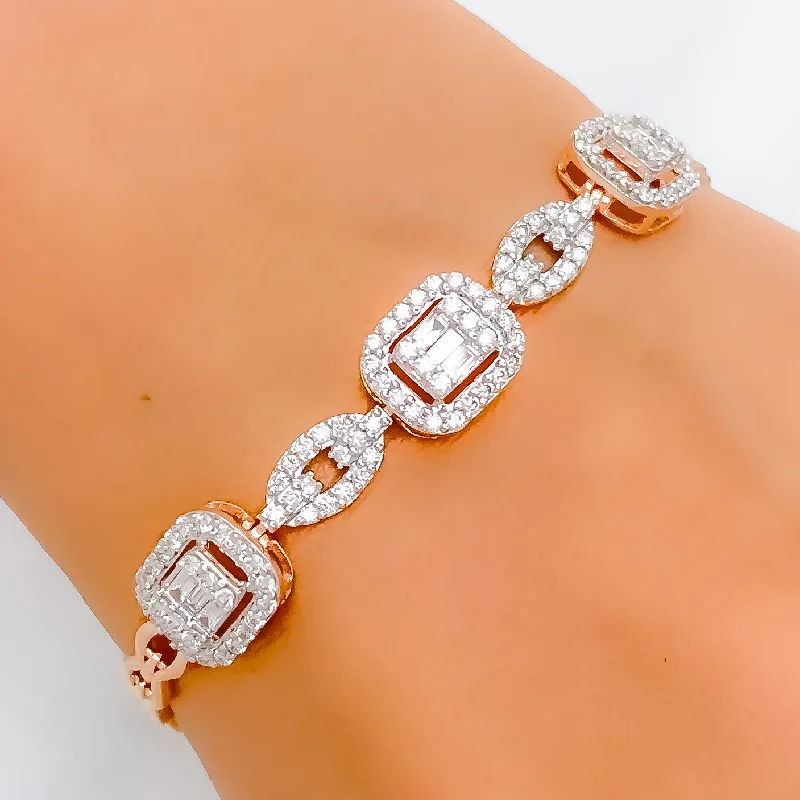 Ladies charm bangles-Rose Gold Diamond + 18k Gold Halo Bracelet