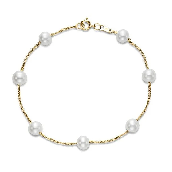 Ladies silver tennis bracelet-5.5-6mm White Freshwater Pearl Bracelet in 14K Yellow Gold