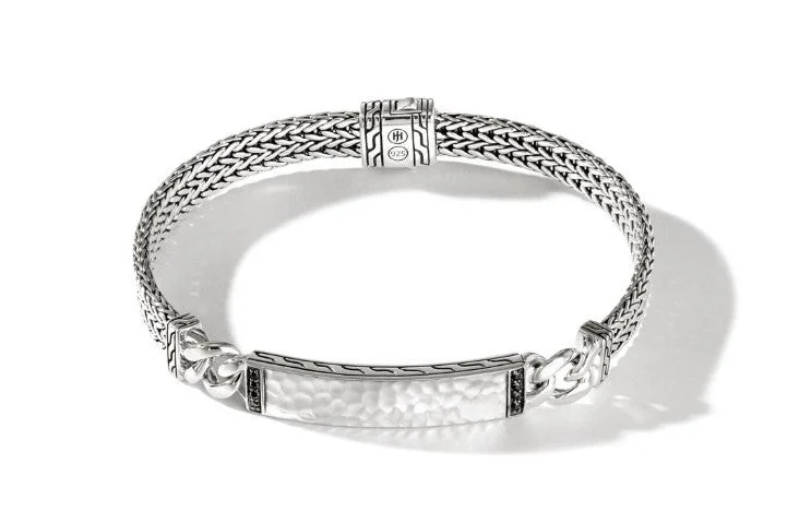 Ladies silver bracelet with gemstones-JOHN HARDY Classic Chain Hammered Silver Flat ID Bracelet