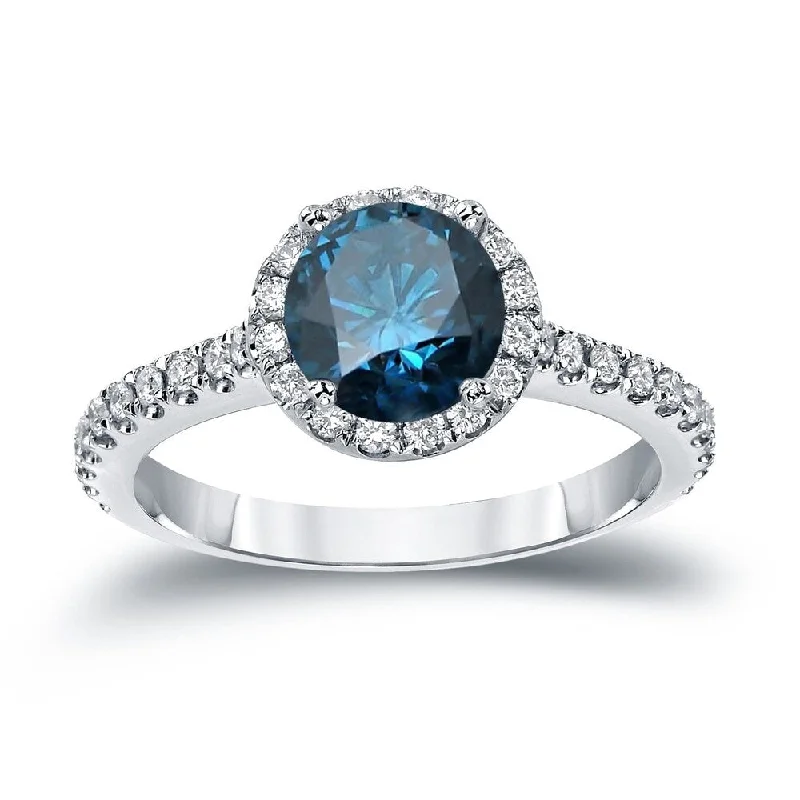 Ladies statement engagement rings-Auriya 1 1/3ctw Round Halo Blue Diamond Engagement Ring 14k Gold