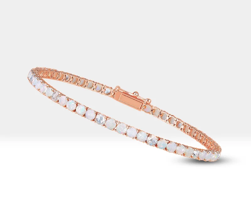 Ladies trendy bracelet-Opal and Diamond Stones Tennis Solid Gold Bracelet